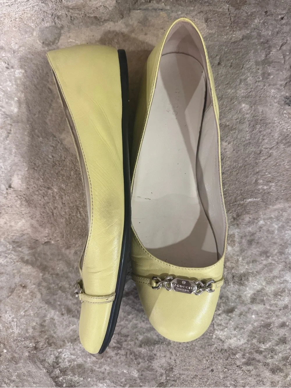 Gucci Lemon Yellow Leather Horsebit Ballet Flats